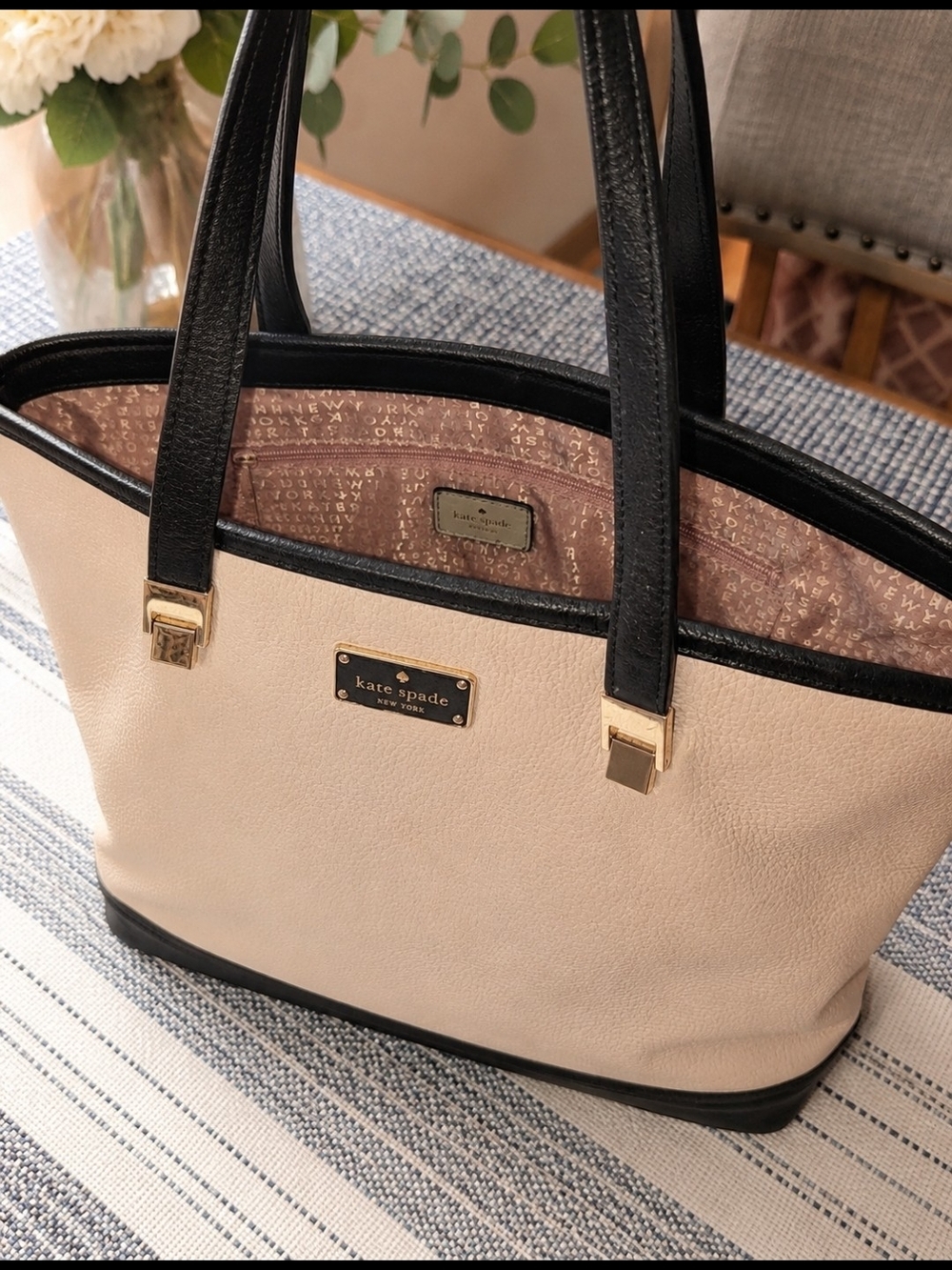 kate spade Cream and Black Leather Tote with Gold Hardware